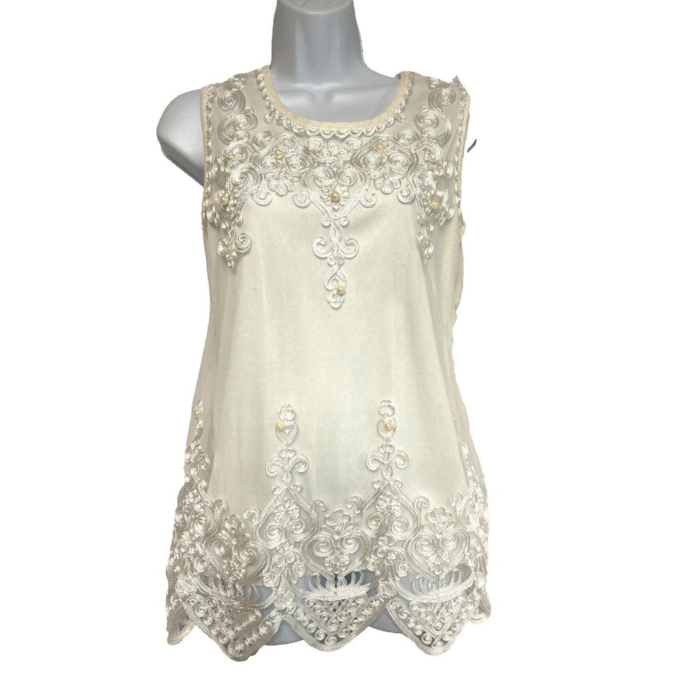 Wannian Blouse Women's M/LOff White Sheer Embroidered Lace Pearl Sleeveless